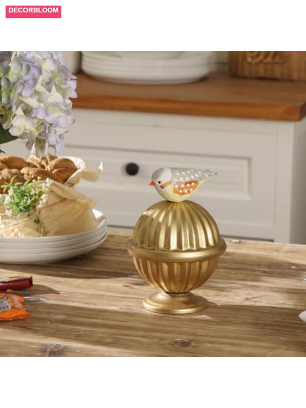 Gold Metal Candy Jar Canister with Wood Bird Handle Kitchen Storage - Picture 3 of 6